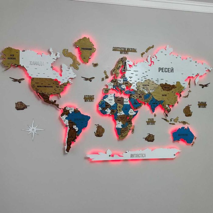 Карта мира из дерева. Настенный декор. Подарок.