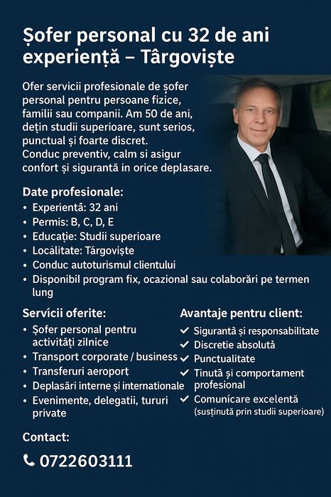 SOFER PERSONAL 32 ani de experienta B,C,D,E