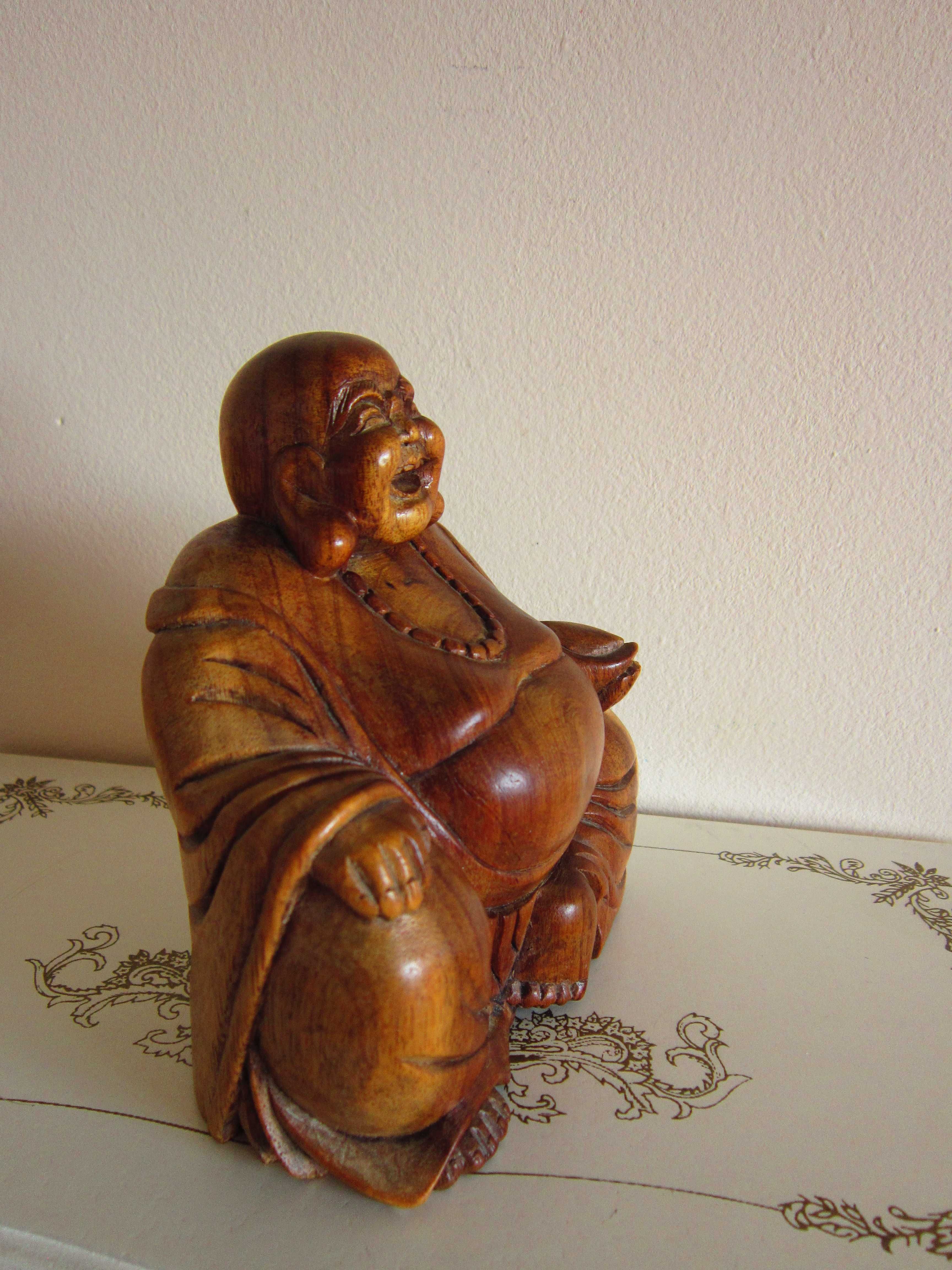 cadou rar Happy Buddha fericire sculptura feng shui lemn Suar anii'60