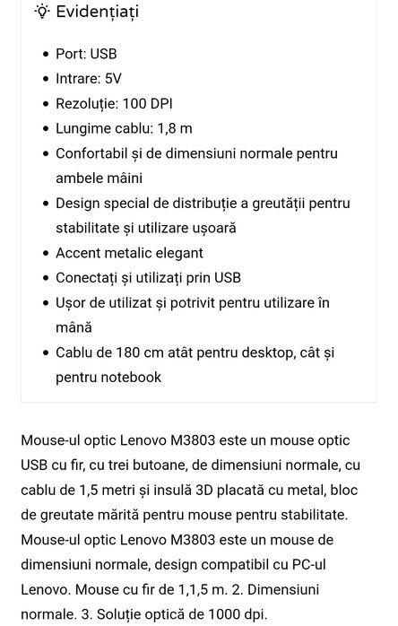 Vând mouse optic Lenovo M3803