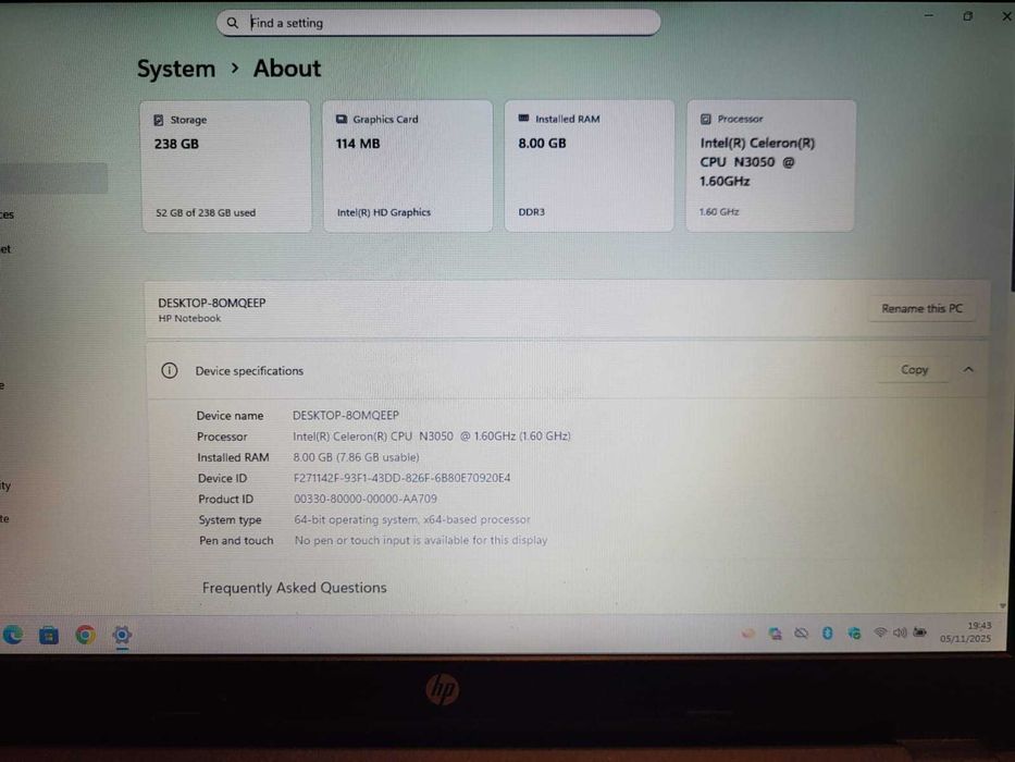 HP 15.6" 15-AC002NQ, Intel Celeron N3050 1.6Ghz, 8GB DDR3, SSD 256 GB
