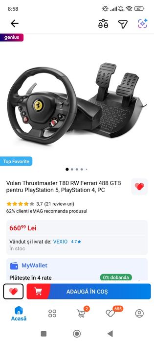 Volan Thrustmaster T80 RW Ferrari 488 GTB pentru PlayStation 5, PlaySt