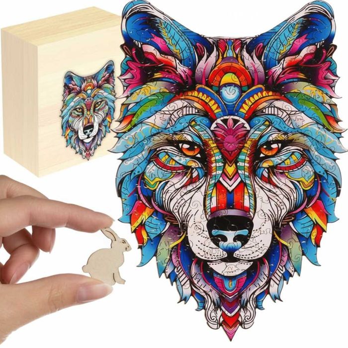 Puzzle din lemn cap de lup 170 piese colorate joc educativ 38 x 27 cm