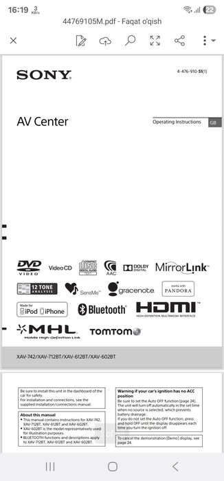 Sony Xav-712bt

MODEL NO. XAV-712BT