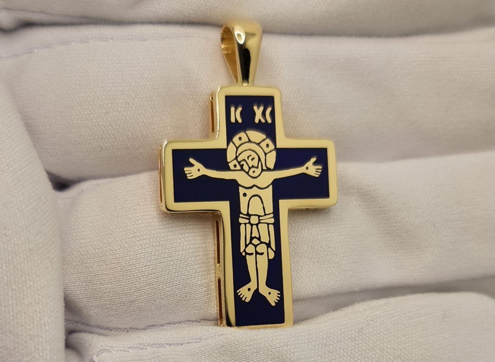 Cruce ortodoxă handmade aur galben 14k și email albastru