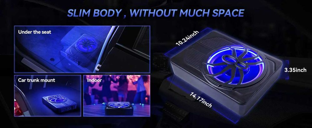 Компактен 10” автомобилен 800 W активен субуфер със синя  подсветка