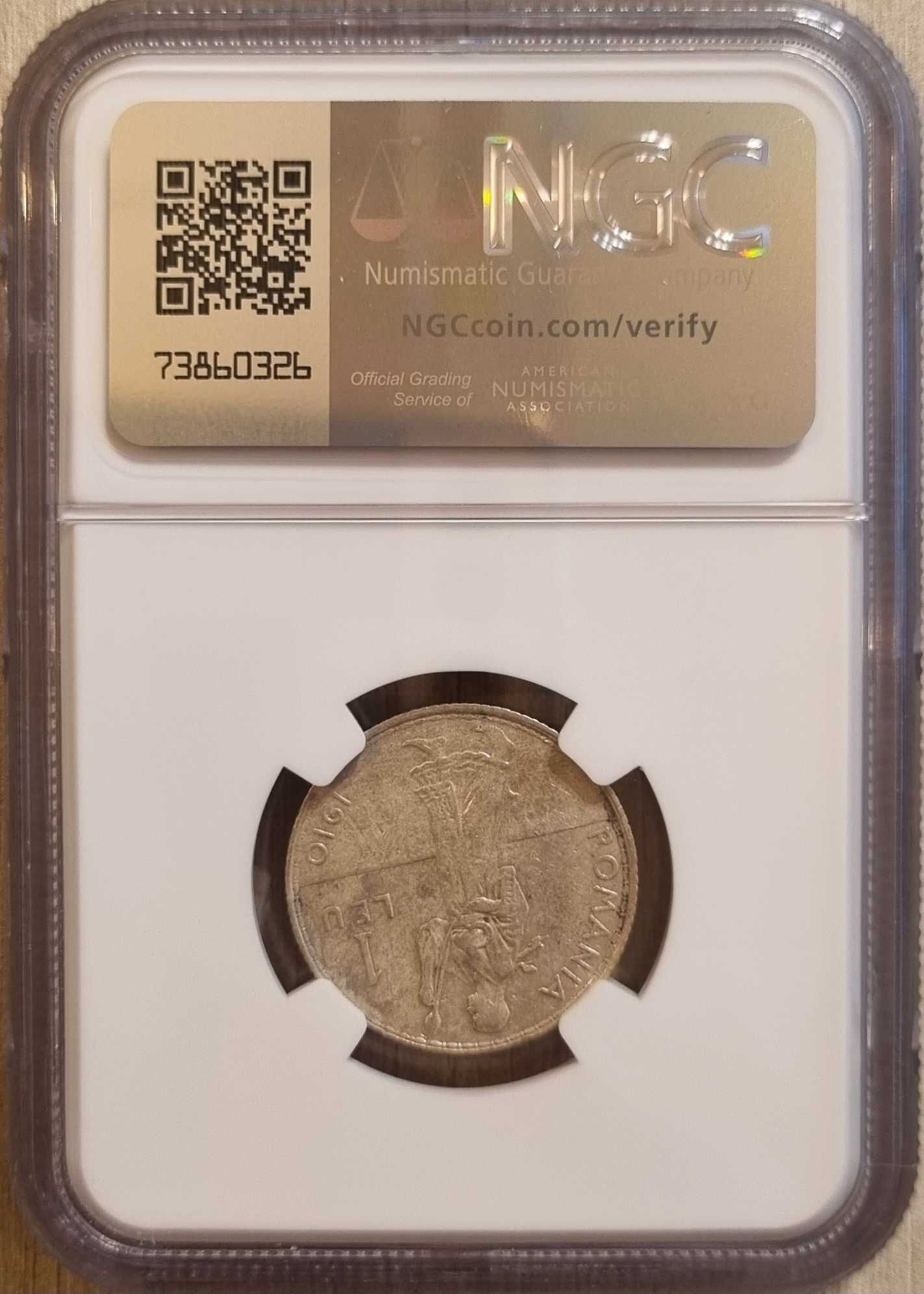 Moneda argint 1 leu 1910, Carol I, incapsulata NGC