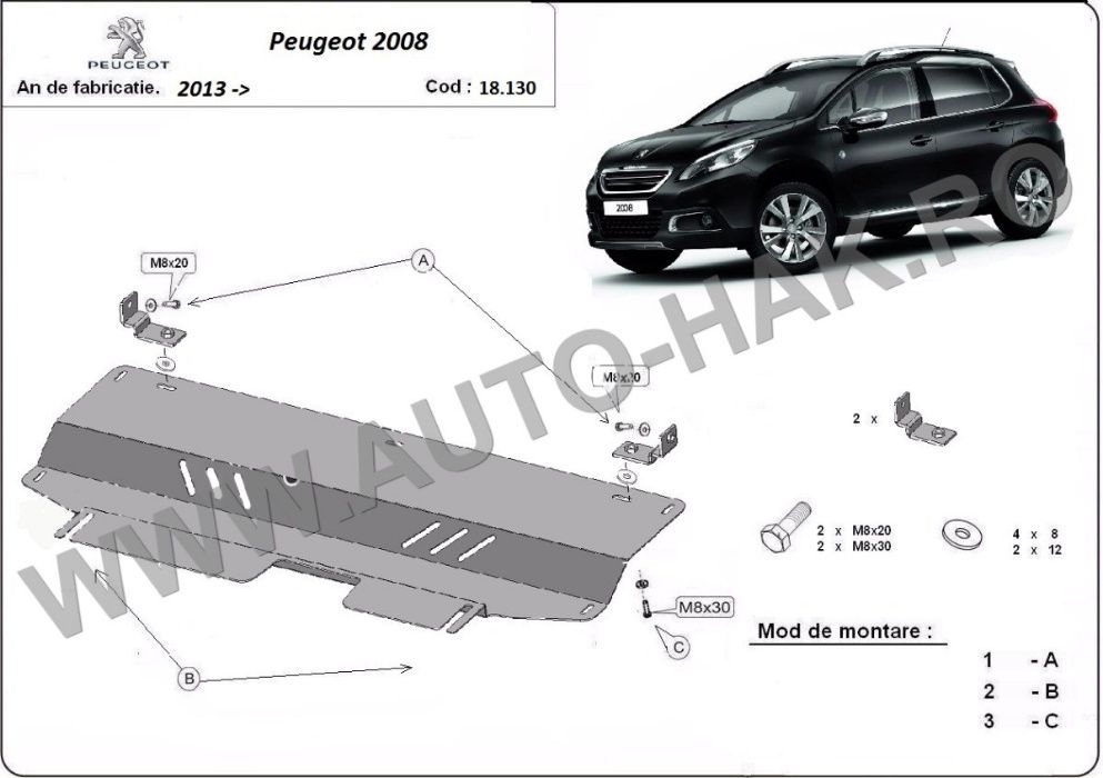 Scut motor metalic Peugeot 2008 2013-prezent - otel 2mm