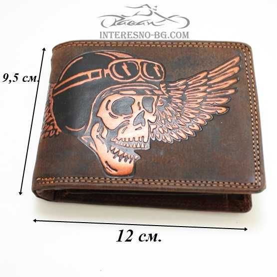 Рокерски портфейл от естествена кожа SKULL (red)