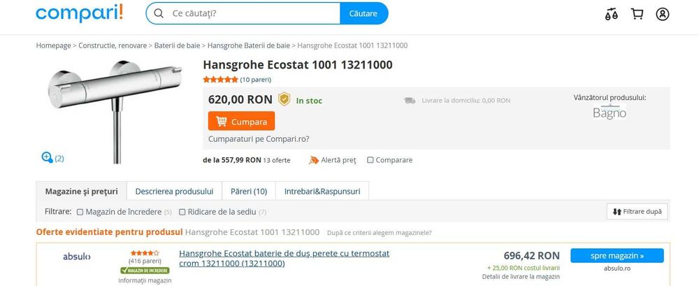 Baterie termostatică pentru duș hansgrohe Ecostat 1001 CL 13211000