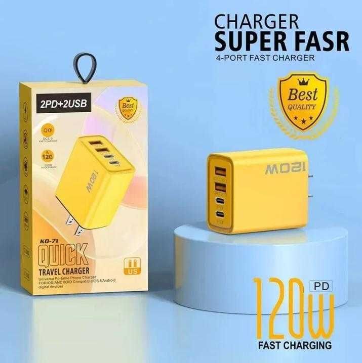 Бързо Зареждащо Зарядно Смартфон 120W 2x изхода за USB кабел +2x за PD