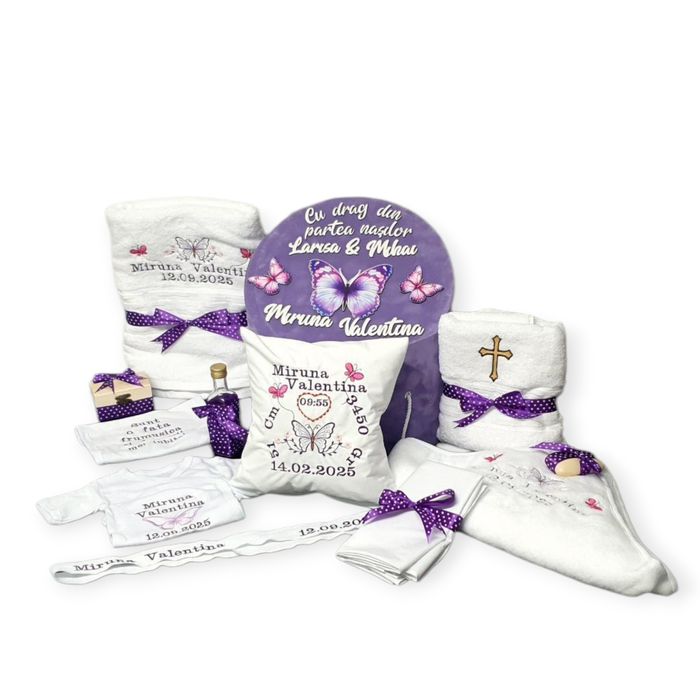 Trusou botez fluturasi mov + lumanare botez