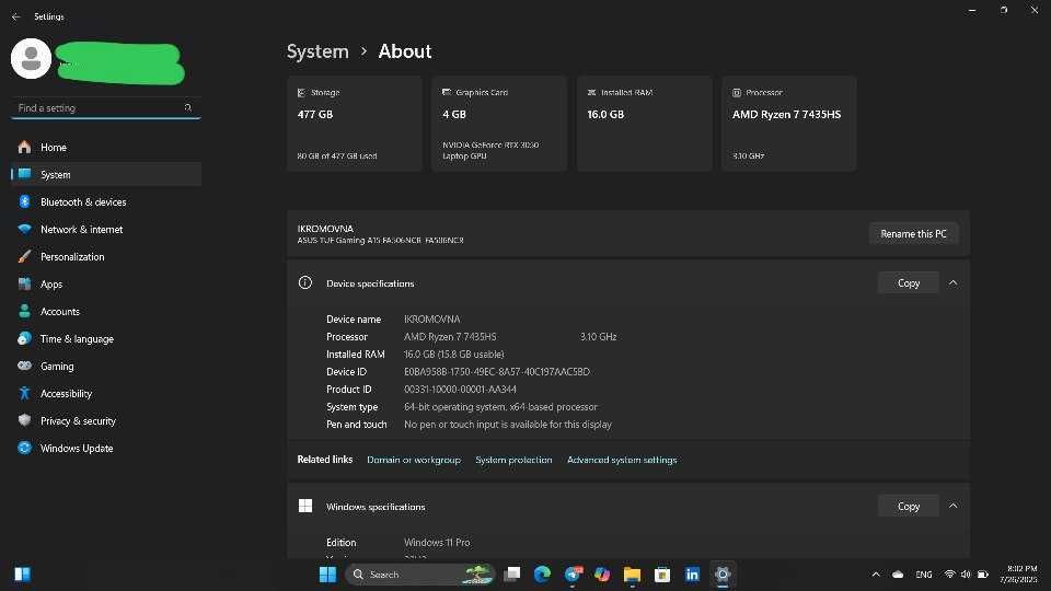 Noutbuk, Asus Tuf Gaming A15