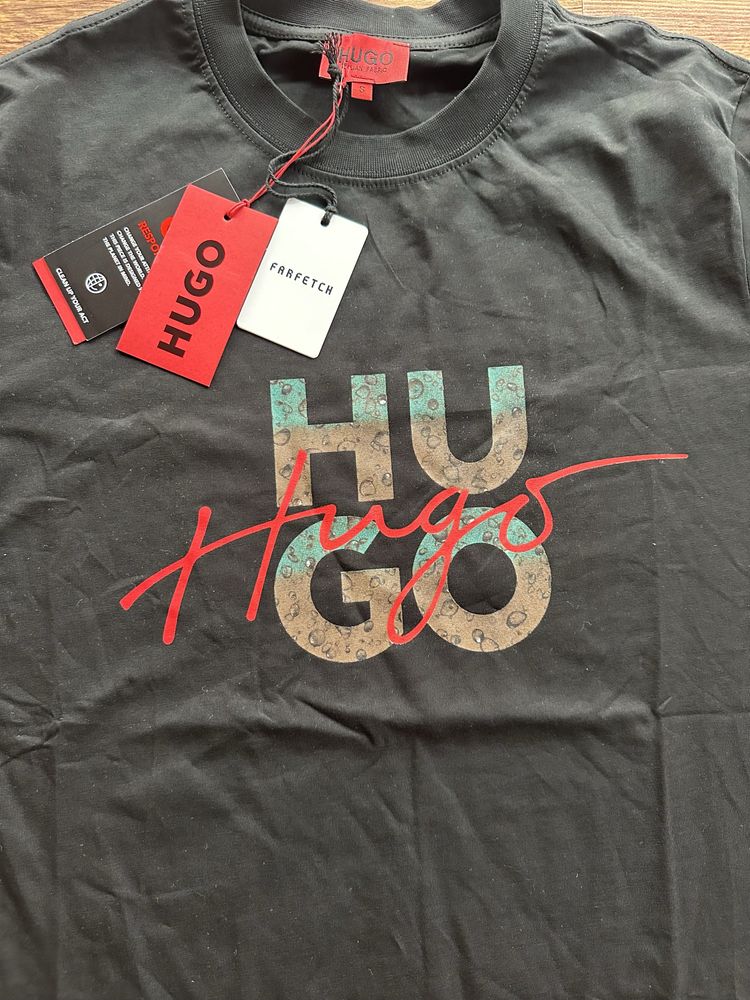 Мъжка,памучна,черна тениска Hugo BOSS с двойно лого