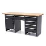 Banc de lucru negru cu 6 sertare, 1 usa si blat din lemn masiv - 171 c