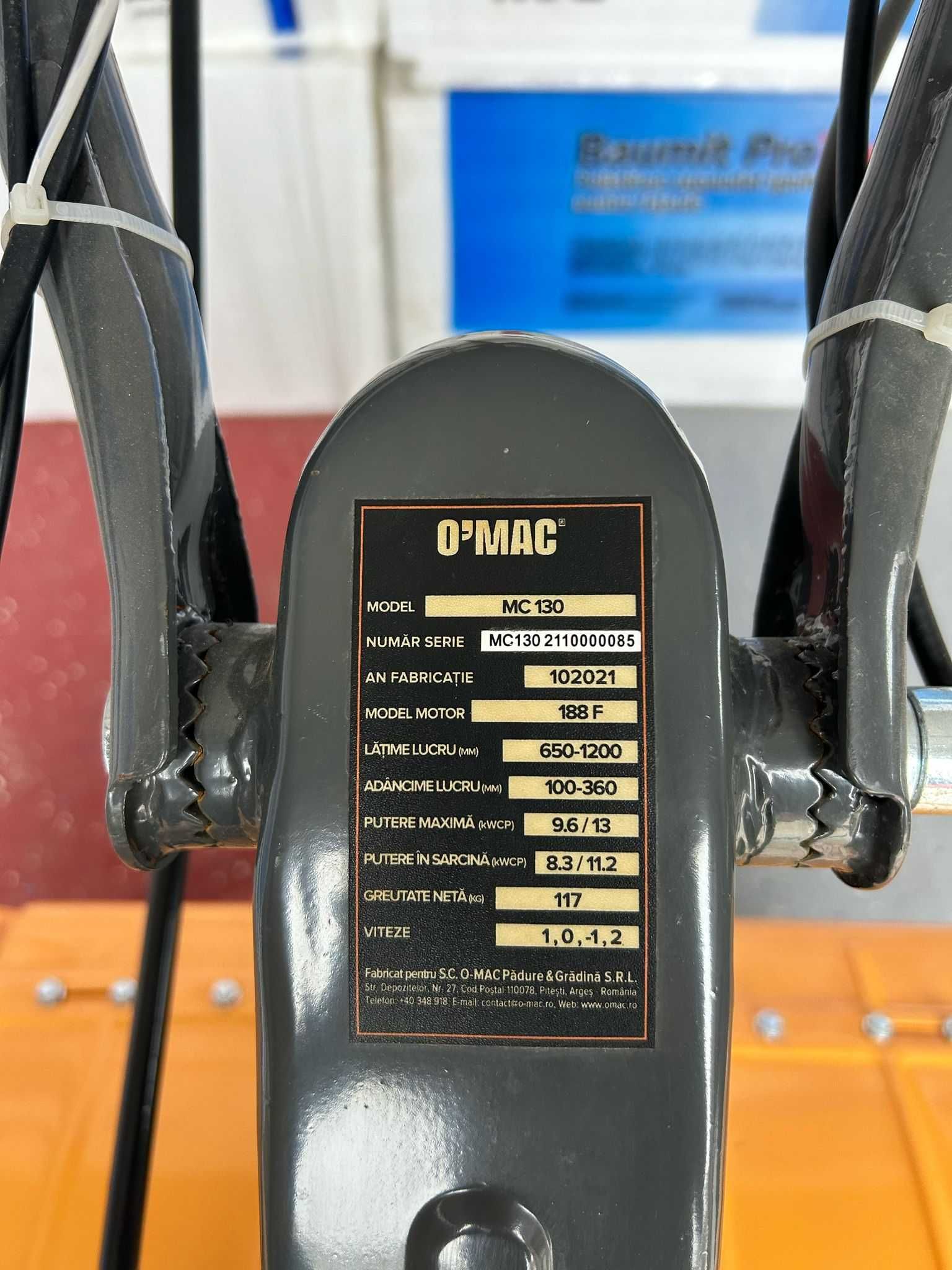Motocultor O'MAC 13CP, roti metalice, plug reglabil, freze laterale