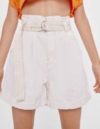 Pantaloni Blugi Scurti B1 Bershka Albi curea Talie Inalta High Waist