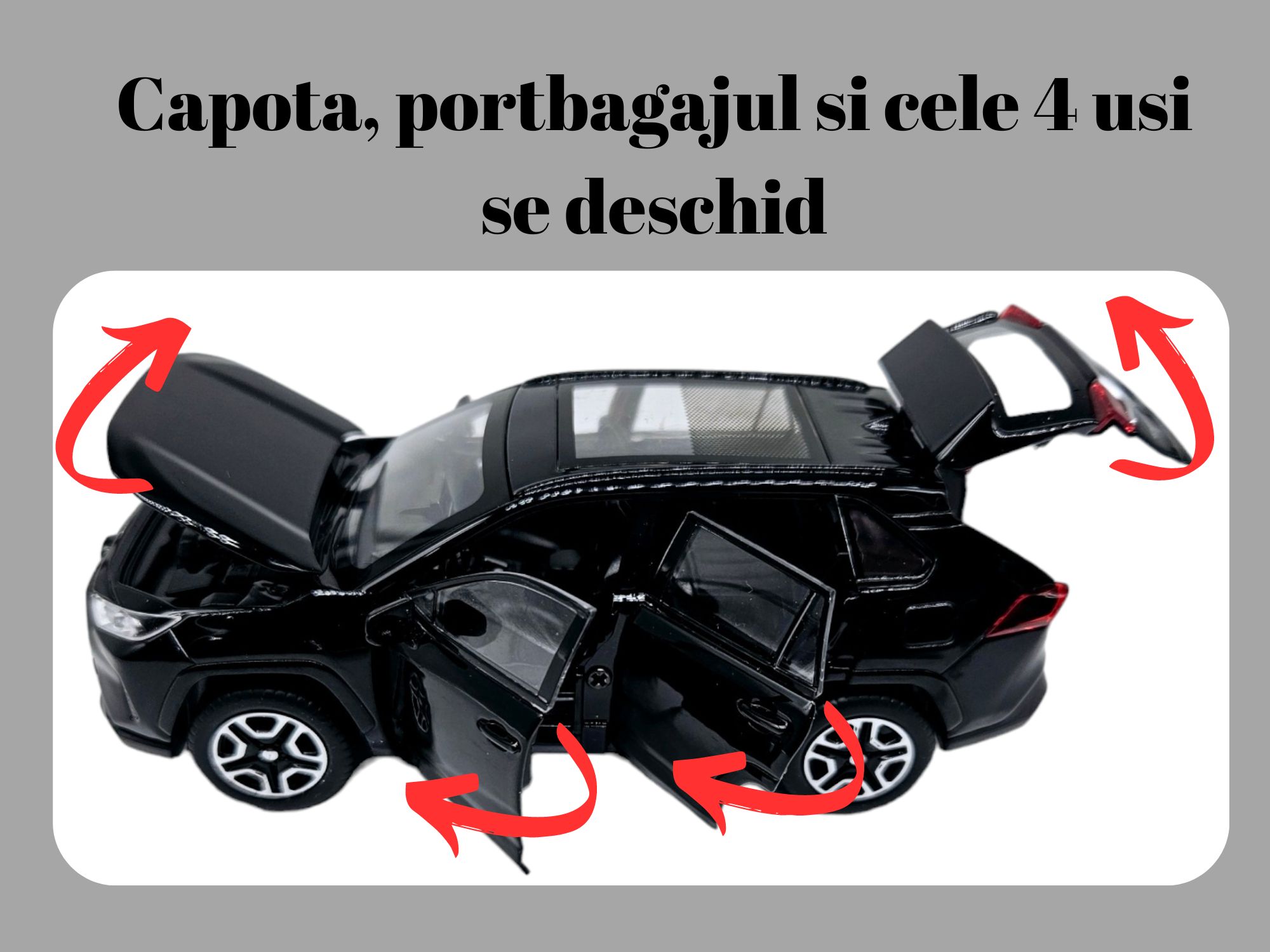 Masinuta metalica Toyota RAV 4,sunete si lumini, usi mobile,17cm,Negru