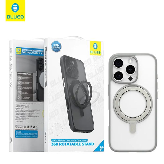 Blueo skin friendly magnetic case with 360 rotatable stand iphone 16 p