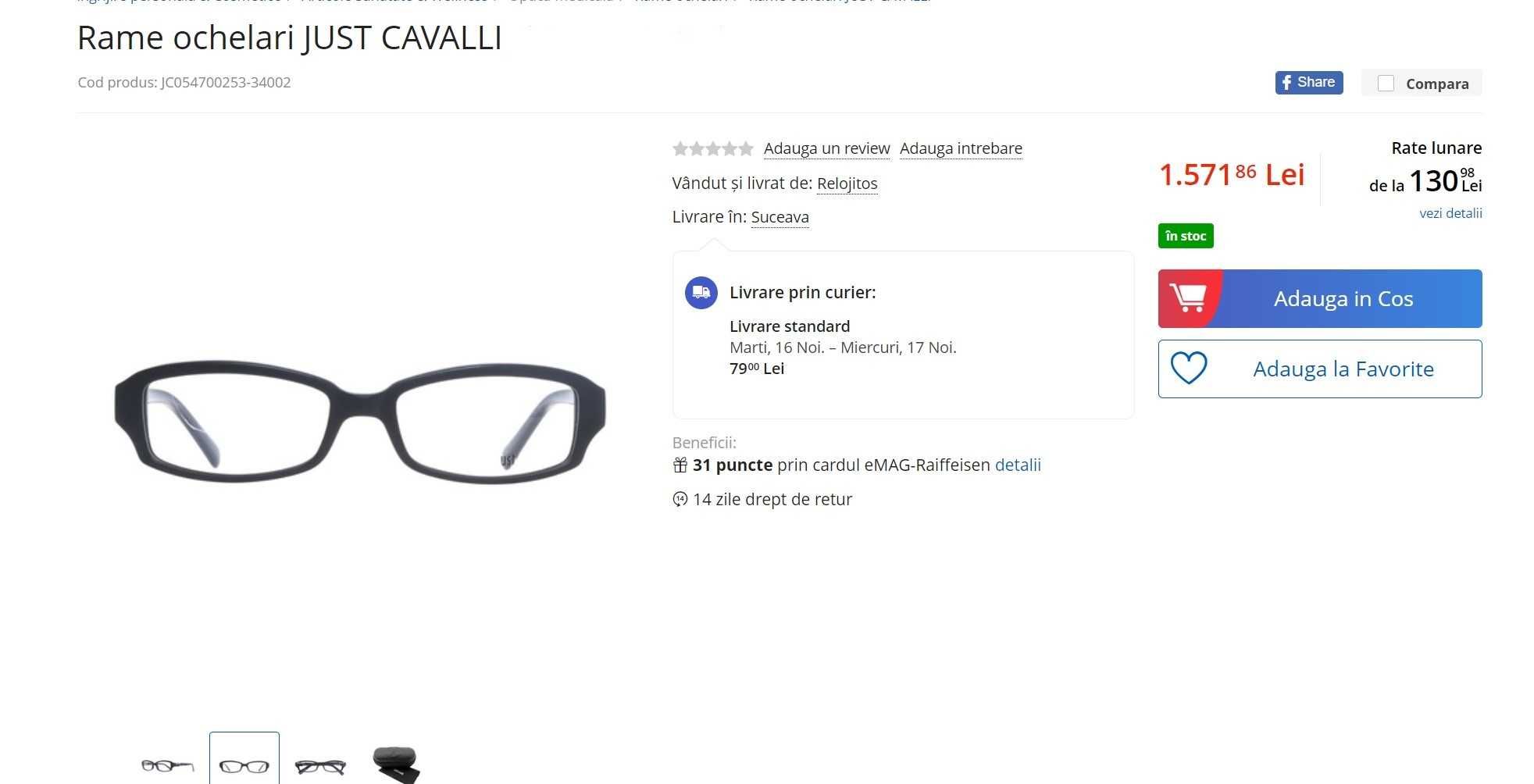 Rame ochelari JUST CAVALLI mod JC284 col 071 , 52/16 , noi cu lentile