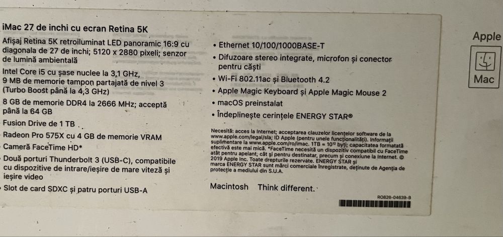 Vând iMac Retina 5K 27” 2019 Intel Core i5 1TB