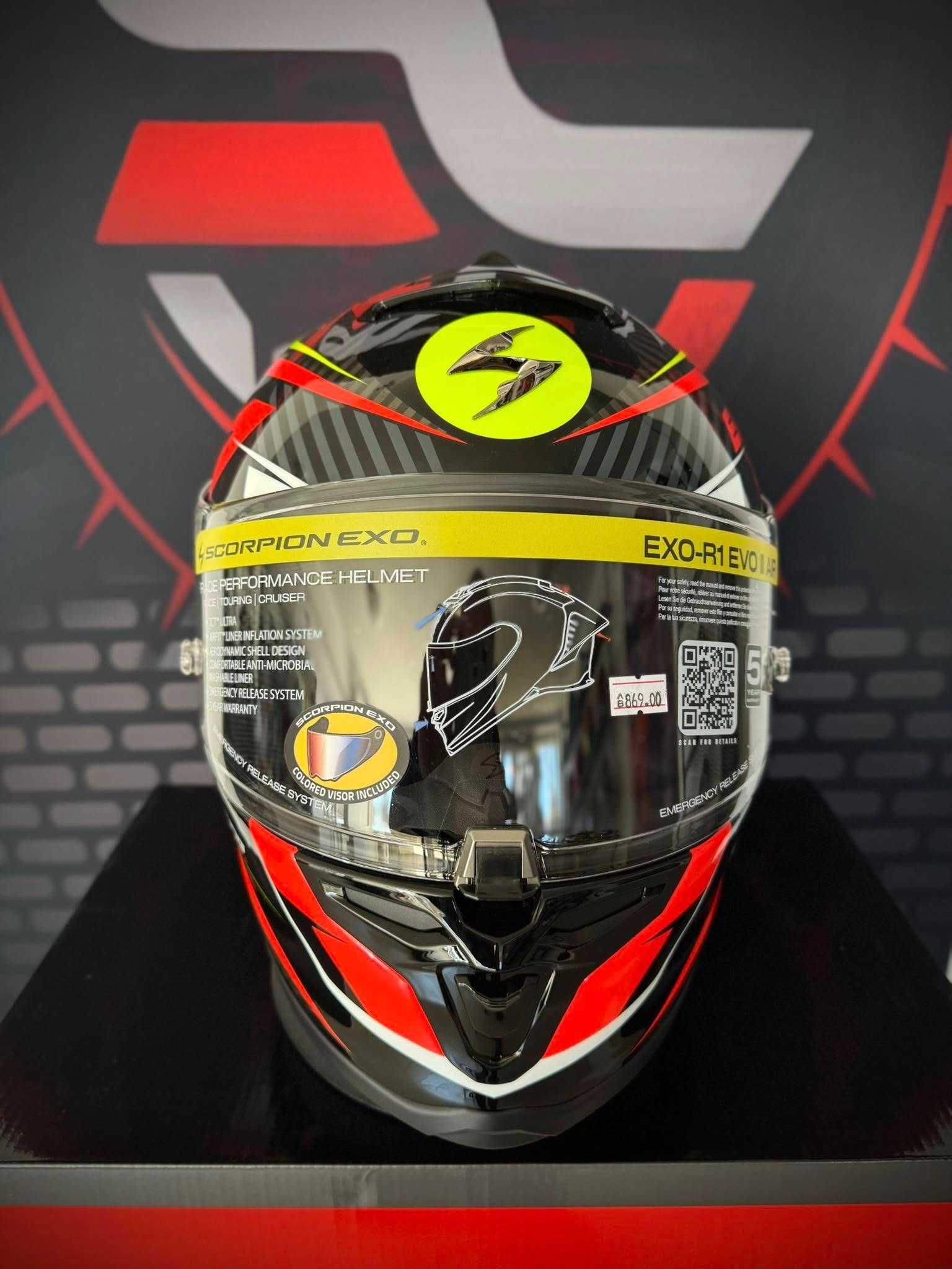 НОВА Каска SCORPION EXO-R1 EVO AIR Black-Red-Neon Yellow Размер М