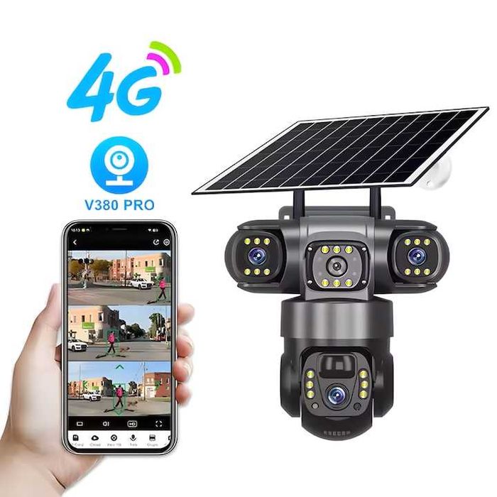 Camera Supraveghere Panou Solar 4G, 3lentile, Cartela Sim, Solara