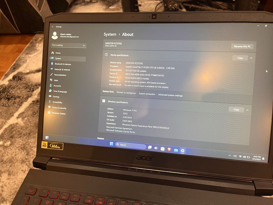 Laptop gaming Acer Nitro 7 15.6” intel i7 9750H GTX 1660Ti 144Hz 16GB