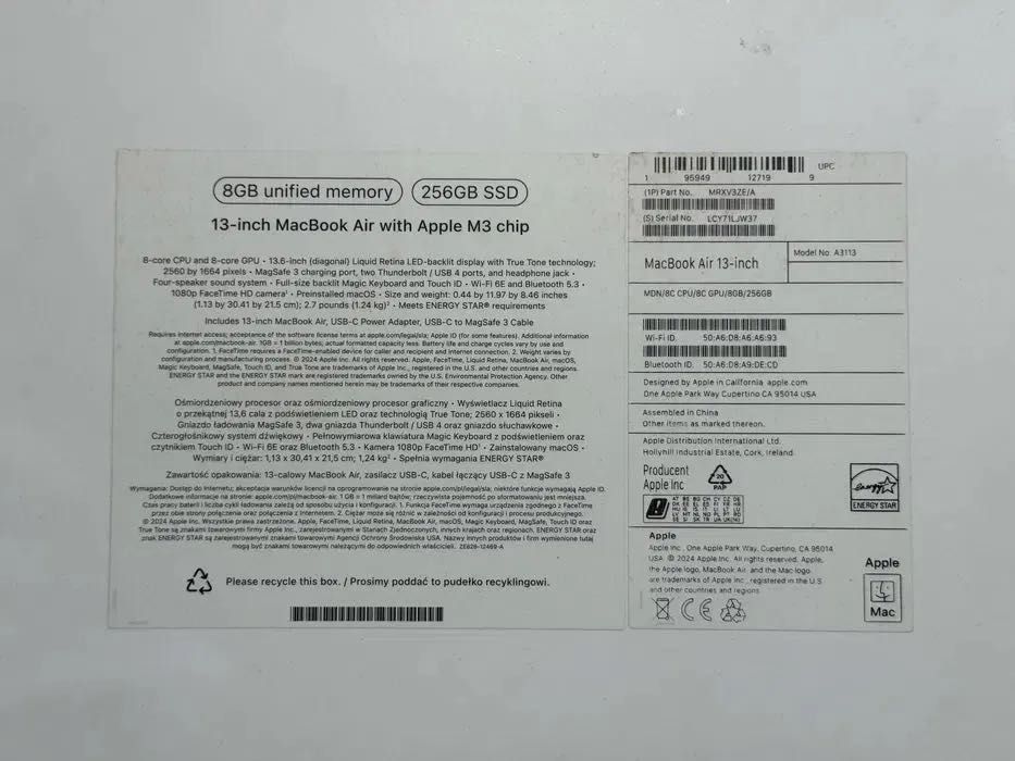 MacBook Air 13,6” M3 256GB SSD Като нов! Гаранция