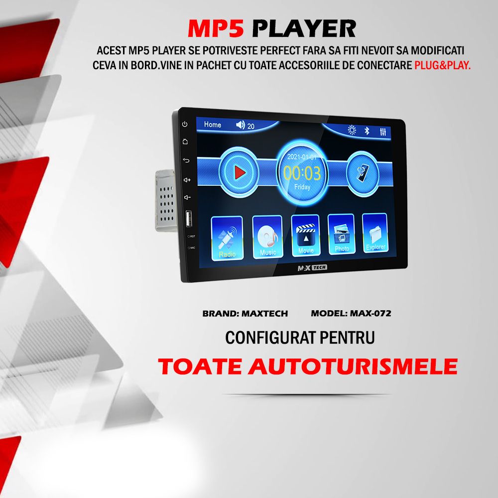 MP5 Player Universal 1 Din Casetofon  ecran HD  TouchScreen, Bluetooth