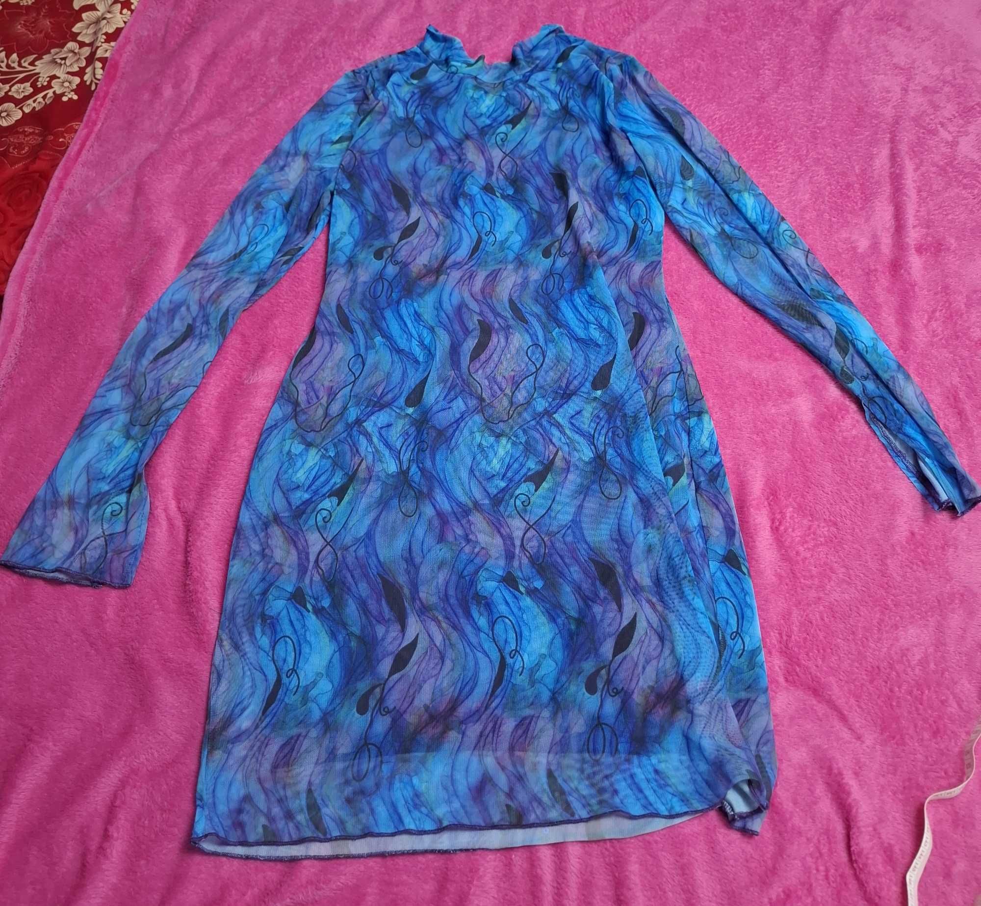 Rochie midi de tul albastru cu model abstract, mulata, M-L