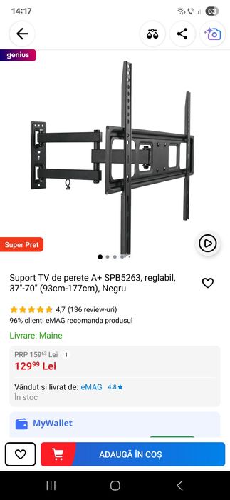 Suport TV de perete A+ SPB5263, reglabil, (93cm-177cm), nou