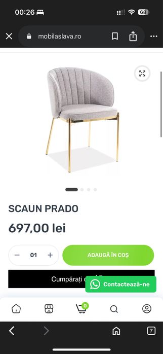 Set 4 scaune dinning Prado gri din stofa si picioare aurii metal