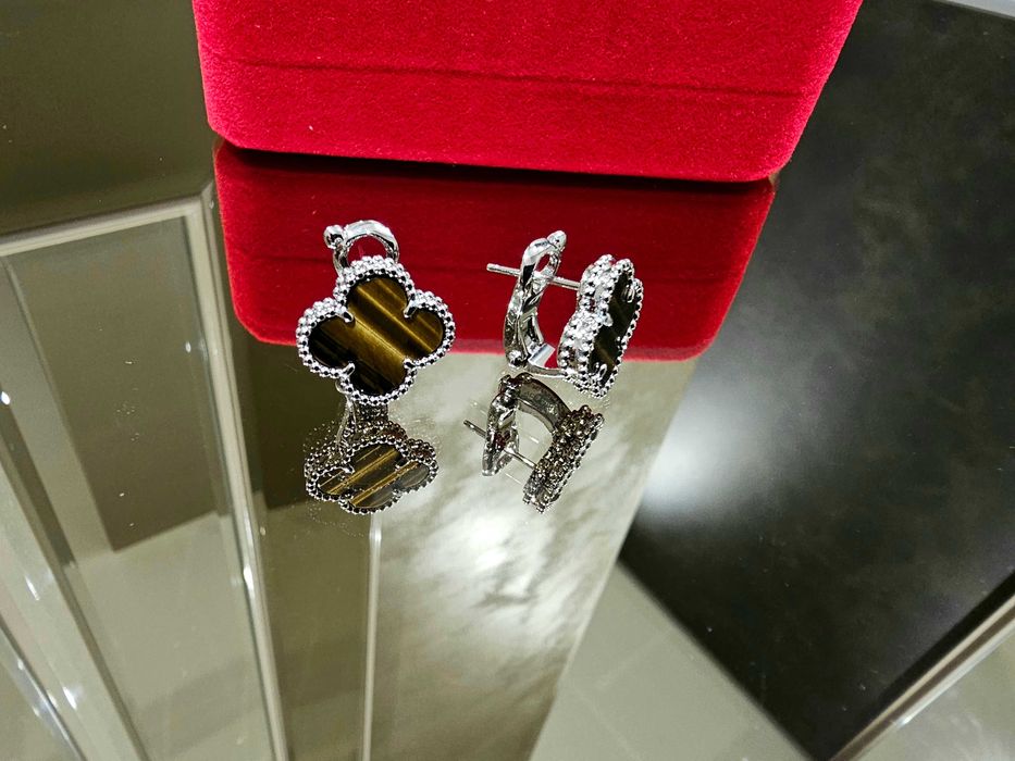 Van Cleef & Arpels VCA Silver Tiger Eye Alhambra Clover Дамски Обеци
