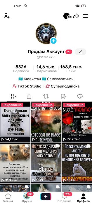 Продам TikTok аккаунт (14.6K подписч., 168.5K лайков) — 3 990 ₸