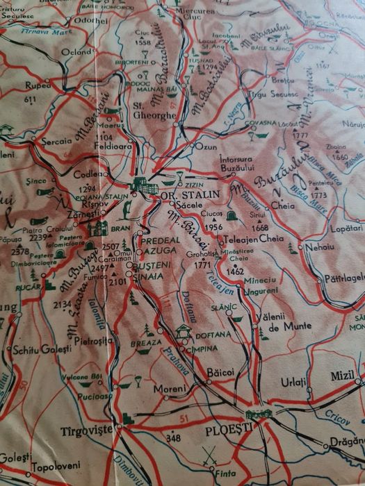 Harta turistica a  Romaniei R. P. R din anul 1958, oras Stalin