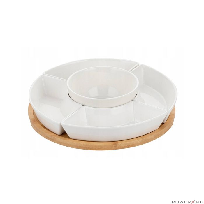 Set boluri pentru servire, din portelan, cu suport din bambus, 5