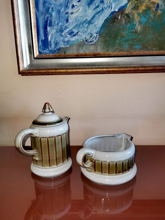 Антикварен комплект от сервиз за чай кафе чайник с похлупак и каничка