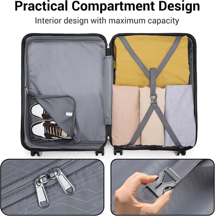 KONO твърд куфар на колелца 36 л с TSA ключалка черен