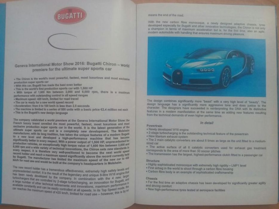 Колекционерски прес книга брошура автомобили Bugatti Chiron