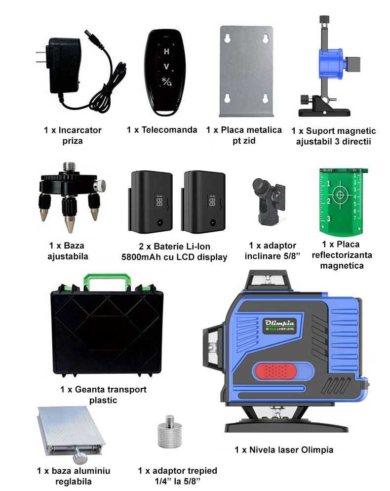 Nivela laser profesionala OLIMPIA 4D 16 linii, laser verde, 2 baterii