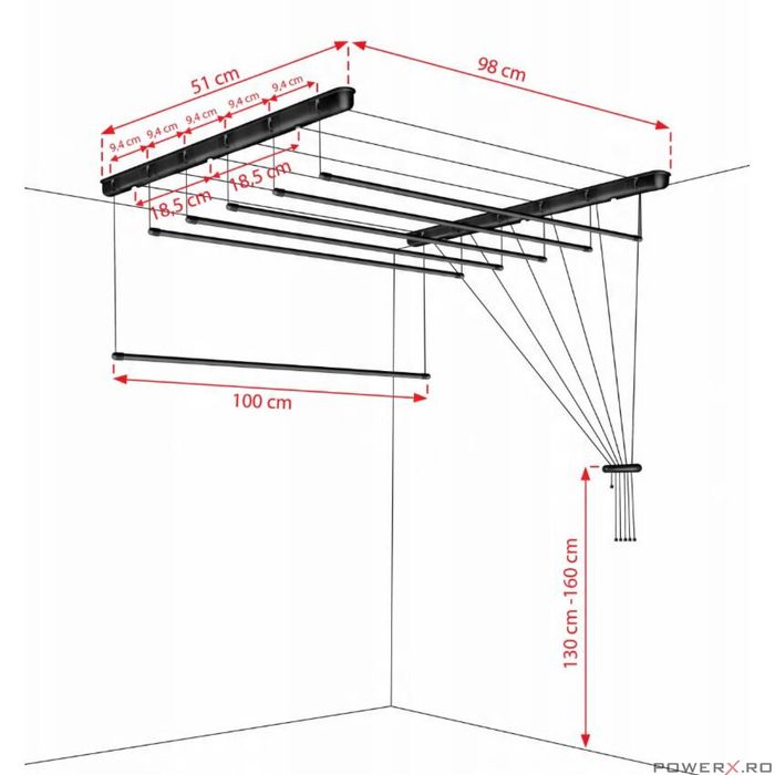 Uscator rufe de tavan, 6x100 cm, negru, Sepio