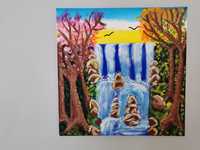 Красива авторска картина - акрил, канава, пейзаж водопад 40 х 40 см