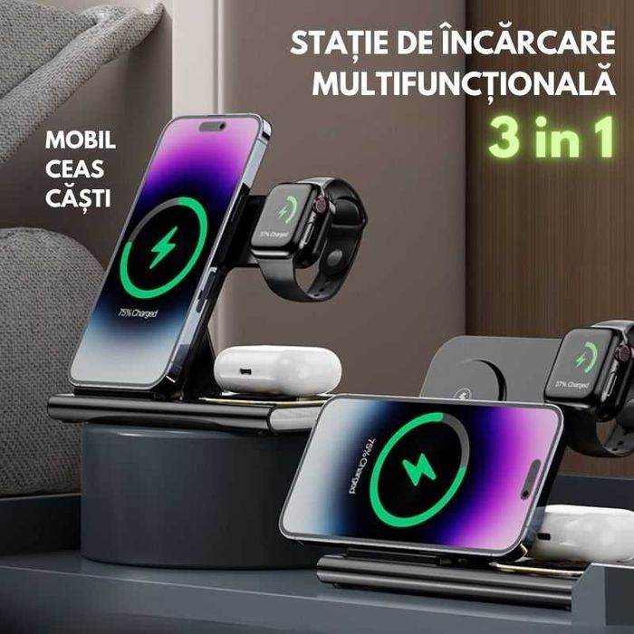 NOU - Incarcator Wireless Fast Charger 15W 3in1 pentru Apple, Samsung