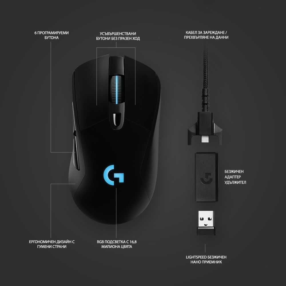 Гейминг мишка Logitech G703 Lightspeed Hero, оптична, безжична, черна