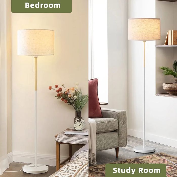 Бяла Подова лампа с ленен абажур за всекидневна, спалня