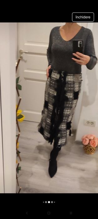 Fustă maxi din tweed patchwork, groasa, handmade, gri-negru cu detalii