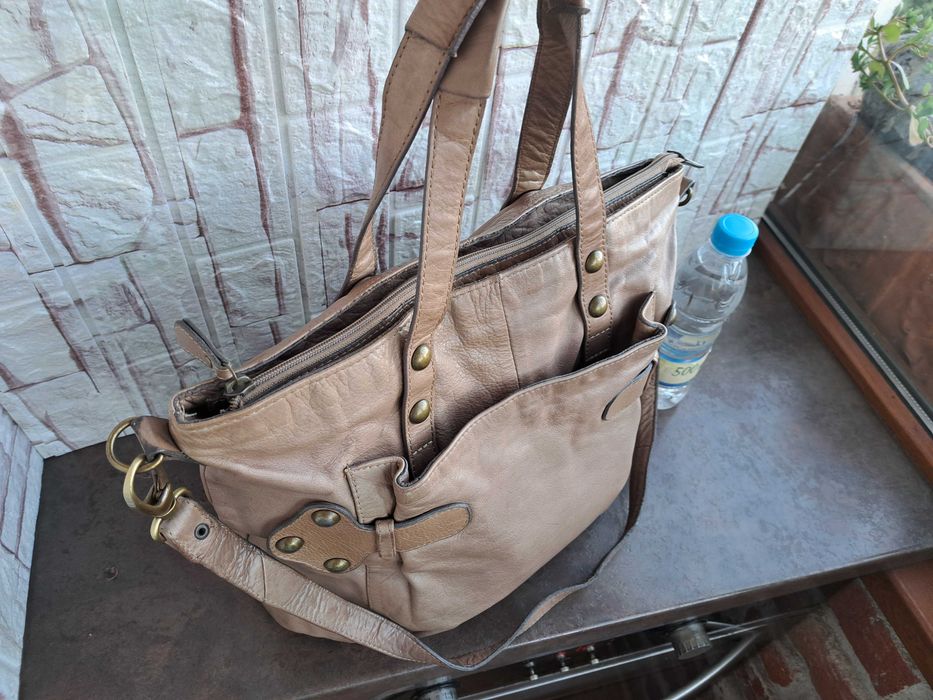 дамска чанта,бежова кожена торба-естествена кожа