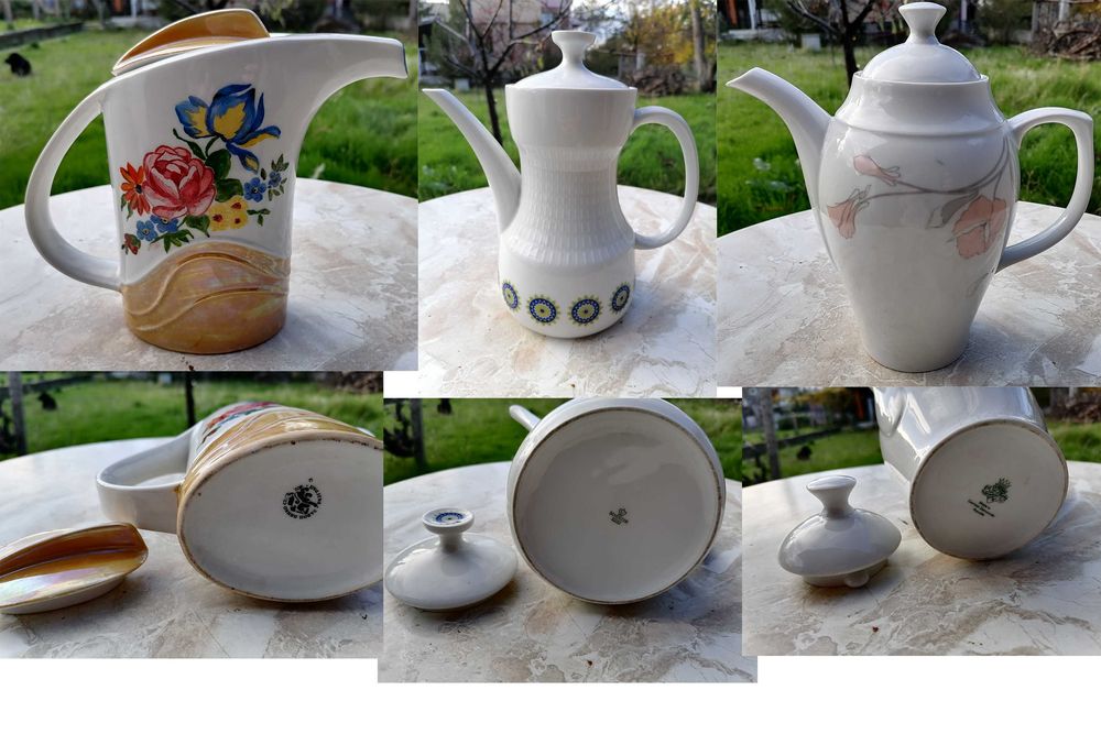 Чайник порцелан, кристална фруктиера, стъклени купички