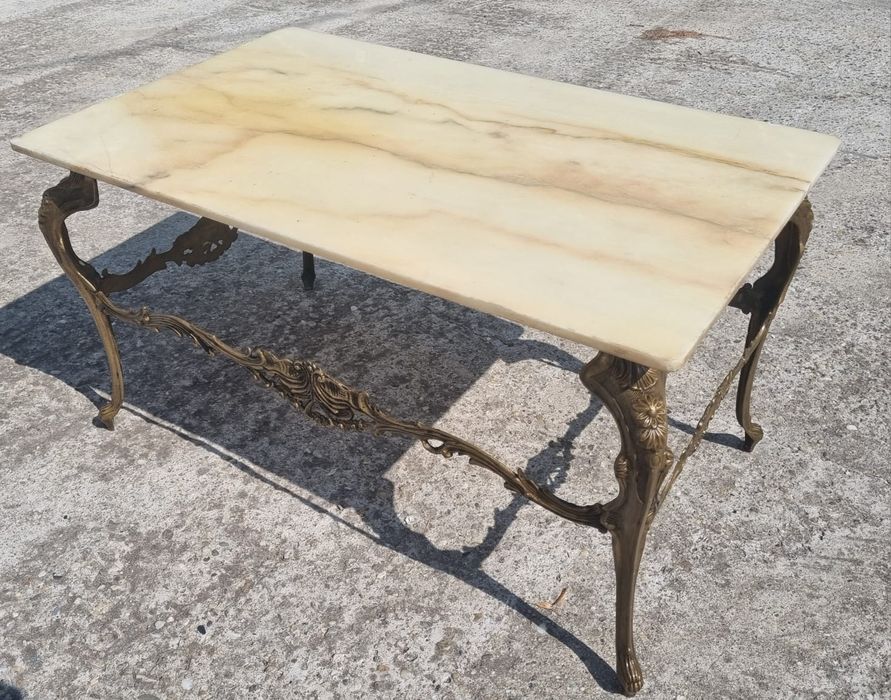 Măsuță cafea / Gheridon vintage din Lemn Masiv / Bronz / Marmura